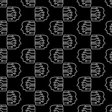 Human Head with Neural Network vector AI concept line dark seamless pattern Illustrazione stock
