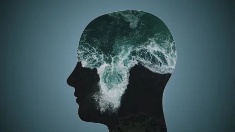 Human head with ocean inside as negative space. Concept of calmness, meditation Stock Footage 174795594