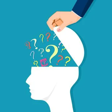Human head open with color question marks. Problem concept and finding a solu Illustrazione stock