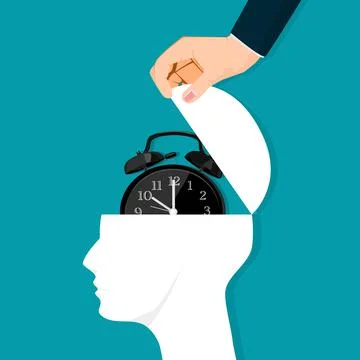 The human head is opened by a clock. The concept of timing of life. vector il Illustrazione stock