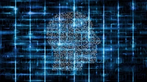 Human head outline in blue binary tunnel. Stock Footage 155731308