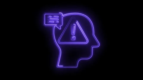 Human head outline with exclamation mark and speech bubble in neon style Stock Footage 312320275