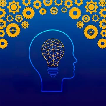 Human head outline with light bulb and gears in background Stock Illustration