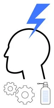 Human Head Outline with Lightning Bolt and Gear Wheels Concept of Inspirati.. 스톡 일러스트
