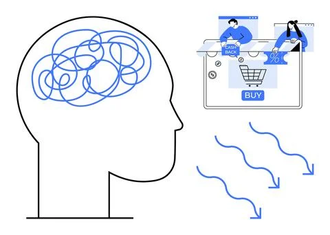 Human head outline with tangled lines in brain, computer screen showing onlin Stock Illustration