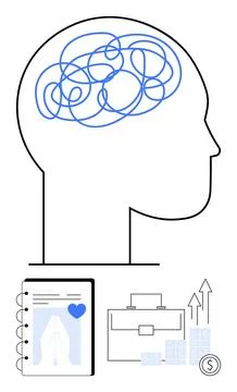Human head outline with tangled lines inside symbolizing thoughts, notebook w Stock Illustration