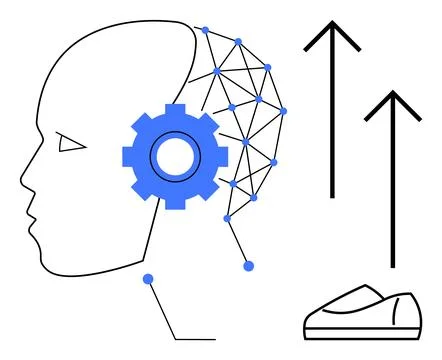 Human head outlined with network and gear inside, two upward arrows, and shoe Stock Illustration