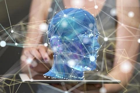 Human head over a tablet surface - artificial intelligence concept 스톡 사진