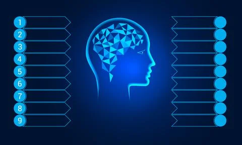 Human head, polygonal brain. Blue background. Template for conceptual infogra Stock Illustration