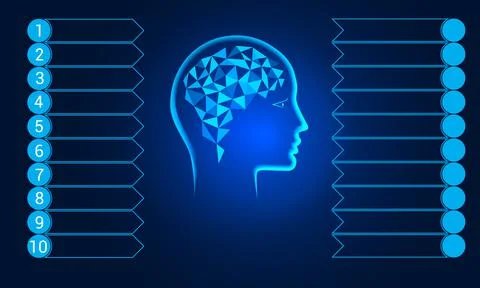Human head, polygonal brain. Blue background. Template for conceptual infogra Stock Illustration