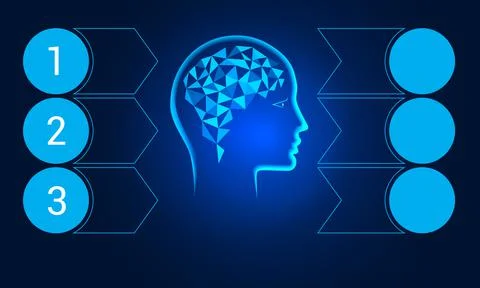 Human head, polygonal brain. Template for conceptual infographics on 3 positi Stock Illustration