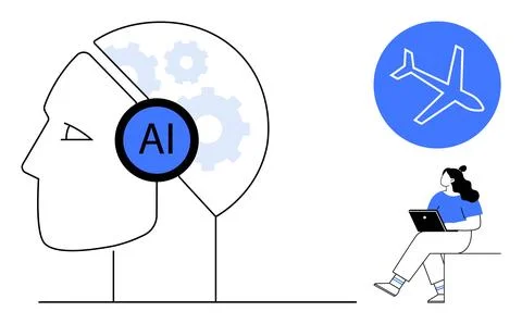 Human head profile with AI label and gears, airplane icon, and woman using la Illustrazione stock
