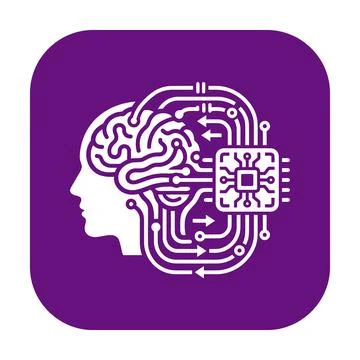 Human head profile with brain and microchip purple icon for AI neural proce.. イラスト素材