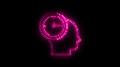 Human head profile with clock inside brain pink neon light on black Stock Footage 308606215