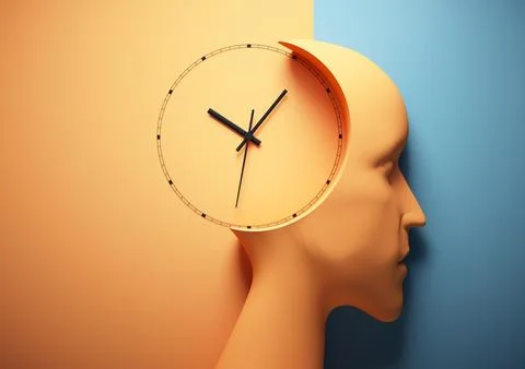 Human head profile with clock in place of brain. Stock Illustration