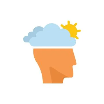 Human head profile with clouds and sun representing positive thinking Illustrazione stock