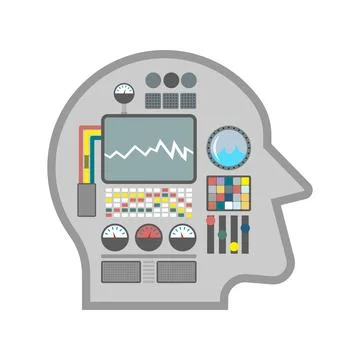 Human head in profile, containing complex machinery and monitors. Concept o.. Stock Illustration