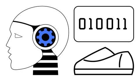 Human head profile with a gear inside, binary code panel, and shoe illustrati Stock Illustration
