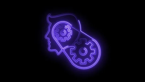 Human head profile with gears mechanism inside brain neon style animation Stock Footage 316675377