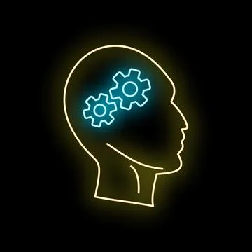 Human head profile with glowing thinking gears Stock Illustration