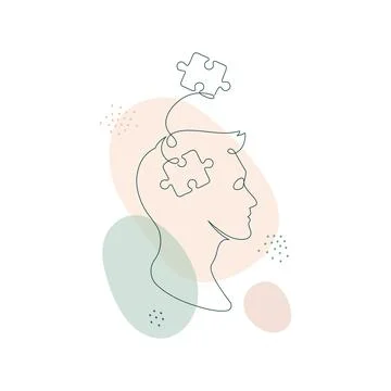 Human head profile with jigsaw puzzle by continous line Stock Illustration