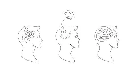 Human head profile with jigsaw puzzle, cog and brain by continous line Stock Illustration