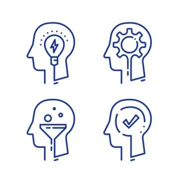 Human head profile with light bulb and cogwheel, logic game, memory training Illustrazione stock