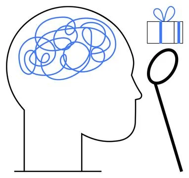 Human head profile outlines tangled thoughts with magnifying glass focusing.. Illustrazione stock