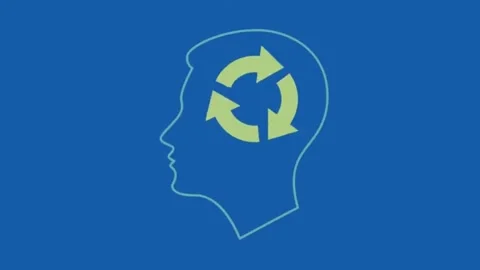 Human head profile with rotating recycling arrows animation on blue background Stock Footage 332390886