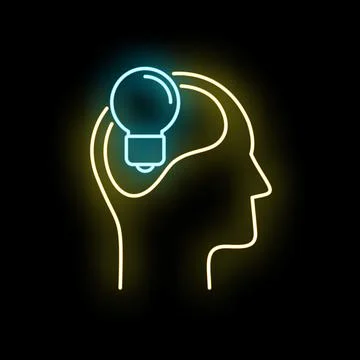 Human head profile showcasing neon light bulb idea Illustrazione stock