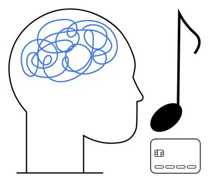Human head profile with tangled lines in brain, musical note symbolizing musi Illustrazione stock