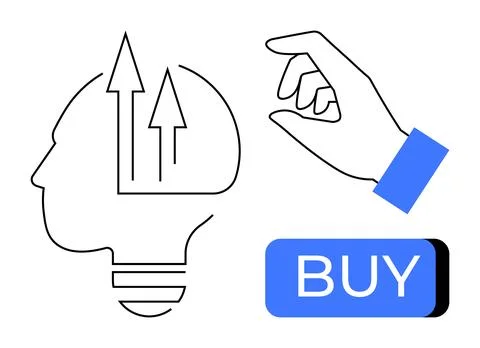 Human head profile with upward arrows representing growth, hand about to clic Ilustración de archivo