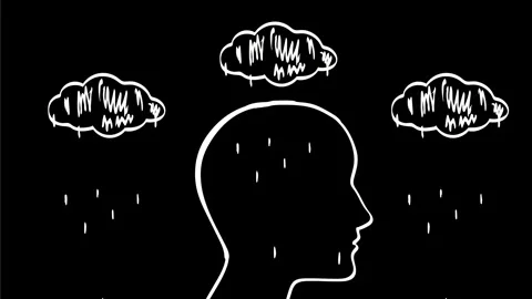 Human Head Rain Clouds and Raindrops Falling Depressed Drawing 2D Animation Stock Footage 269455093