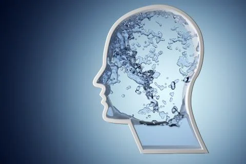 Human head shape filled with blue water on blue gradient background - hydrati Stock Illustration