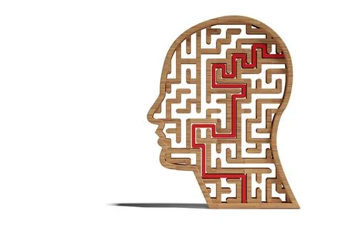 Human head shaped maze or labyrinth with red solution path over white backgro Illustrazione stock