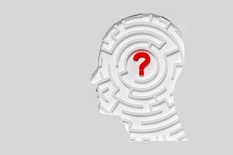 Human head shaped maze or labyrinth with question mark in the center over whi Illustrazione stock