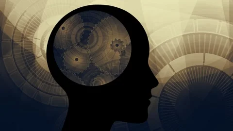 Human head silhouette, artificial intellgence with complex golden mechanical Stock Footage 320420746