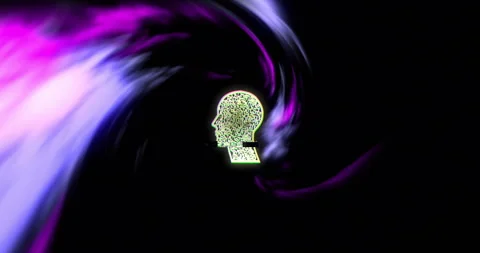 Human head silhouette with binary code over swirling purple and black background Stock Footage 306509706
