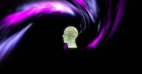 Human head silhouette with binary code over swirling purple and black background 写真素材