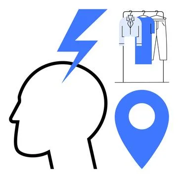 Human head silhouette with a blue lightning bolt, clothing rack with garments Illustrazione stock