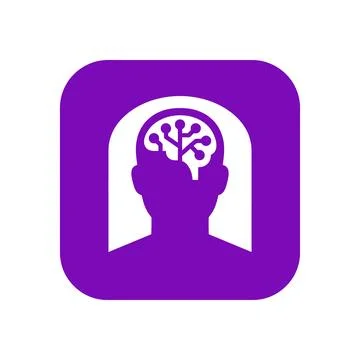 Human head silhouette with brain circuit board pattern on purple rounded sq.. Stock Illustration