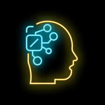 Human head silhouette with digital chip processing data neon sign Stock Illustration