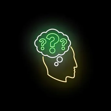 Human head silhouette with neon question marks thinking 库存插图