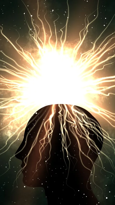 Human head silhouette with particle explosion effect above the head Stock Footage 296929546