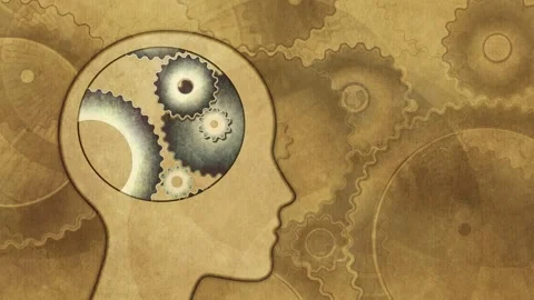 Human head silhouette in profile with internal gears and cogs, mechanical Stock Footage 320615424