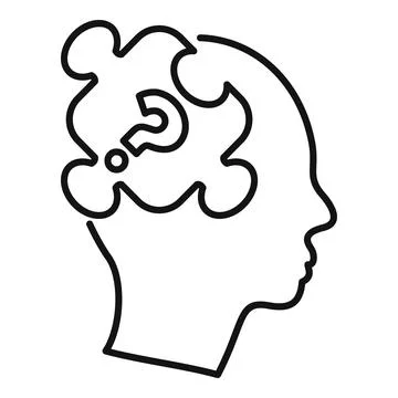 Human head silhouette with question mark forming from brain in line art style Stock Illustration
