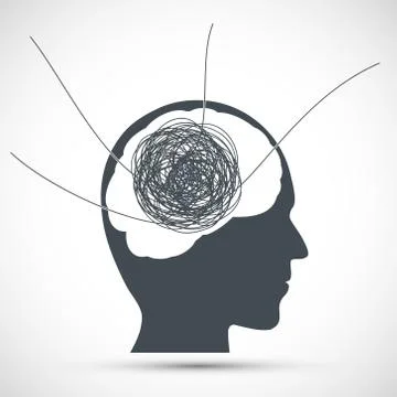 Human head with a tangled ball of thread Stock Illustration