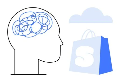 Human Head with Tangled Lines, Cloud and Shopping Bag 库存插图