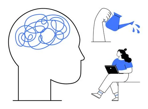 Human Head with Tangled Lines, Watering Can, and Woman Working on Laptop Illustrazione stock