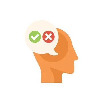 Human head thinking with right and wrong symbol inside speech bubble 스톡 일러스트